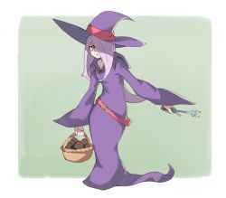 Rule 34 | 10s, 1girl, basket, dress, green background, hair over one eye, hat, little witch academia, purple hair, purple hat, simple background, solo, sucy manbavaran, witch hat