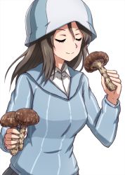 Rule 34 | 1girl, blue hat, blue shirt, brown hair, closed eyes, closed mouth, commentary, dress shirt, girls und panzer, hat, highres, holding, holding mushroom, keizoku school uniform, long hair, long sleeves, mika (girls und panzer), mushroom, omachi (slabco), school uniform, shirt, simple background, smelling, smile, solo, striped clothes, striped shirt, upper body, vertical-striped clothes, vertical-striped shirt, white background, white shirt