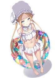 Rule 34 | 1girl, abigail williams (fate), abigail williams (swimsuit foreigner) (fate), abigail williams (swimsuit foreigner) (third ascension) (fate), arms behind back, bare shoulders, bikini, blonde hair, blue eyes, blush, bonnet, bow, breasts, fate/grand order, fate (series), forehead, full body, hair bow, highres, innertube, long hair, looking at viewer, miniskirt, mishiro (ixtlolton), navel, parted bangs, sidelocks, simple background, skirt, small breasts, smile, solo, swim ring, swimsuit, twintails, very long hair, white background, white bikini, white bow, white headwear