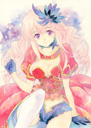 Rule 34 | 1girl, agahari, arm at side, arm support, blue fire, blue gloves, blue shorts, breasts, choker, cleavage, closed mouth, collarbone, curly hair, eyebrows, fire, flower, gloves, hair flower, hair ornament, large breasts, long hair, looking at viewer, meigo arisa, navel, over-kneehighs, painting (medium), pink hair, puffy short sleeves, puffy sleeves, purple eyes, short sleeves, shorts, sitting, smile, solo, stomach, thighhighs, toaru majutsu no index, toaru majutsu no index: endymion no kiseki, traditional media, watercolor (medium)