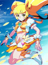 Rule 34 | 10s, 1girl, blonde hair, boots, brooch, cure sunshine, hair ribbon, heart, heart brooch, heartcatch precure!, highres, long hair, looking at viewer, magical girl, midriff, myoudouin itsuki, navel, precure, ribbon, skirt, smiole, solo, twintails, uganda (ugandam 00), wrist cuffs, yellow eyes