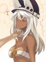 Rule 34 | 1girl, ^^^, bare shoulders, belt bra, blush, breasts, collarbone, colored eyelashes, dark-skinned female, dark skin, guilty gear, guilty gear xrd, hand on another&#039;s chin, hat, long hair, one eye closed, ramlethal valentine, sengoku aky, sideboob, solo focus, stroking another&#039;s chin, white hair, yellow eyes