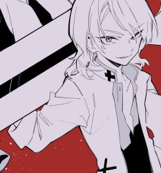 Rule 34 | 1boy, cross, episode, greyscale, greyscale with colored background, highres, holding, jacket, long hair, looking at viewer, male focus, medium hair, mochizuki kei, monochrome, monogatari (series), nekomonogatari, open clothes, open jacket, parted lips, red background, simple background, smile, solo, upper body
