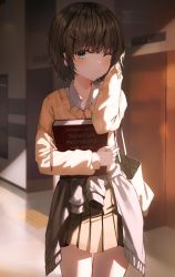 Rule 34 | 1girl, aqua eyes, bag, blunt bangs, blurry, blurry background, blush, bob cut, book, brown hair, carrying bag, closed mouth, collared shirt, commentary request, cowboy shot, elevator door, green skirt, grey jacket, hallway, handbag, highres, holding, holding book, jacket, long sleeves, looking at viewer, one eye closed, original, pleated skirt, ruda (ruda e), school uniform, shirt, short hair, skirt, smile, solo, standing, sunlight, sweater, white shirt, yellow sweater