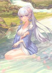 Rule 34 | 1girl, :d, absurdres, akochan, ayaka (genshin impact), bare legs, barefoot, blush, breasts, cleavage, collarbone, day, flower, genshin impact, hair flower, hair ornament, haori, highres, japanese clothes, kimono, long hair, looking at viewer, medium breasts, open mouth, outdoors, pink flower, purple eyes, river, sidelocks, sitting, smile, solo, very long hair, wariza, water, white hair, white kimono