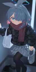 Rule 34 | 1girl, absurdres, arona (blue archive), bag, black pantyhose, blue archive, blue eyes, blue hair, blush, bow hairband, colored inner hair, hair over one eye, hairband, halo, highres, jacket, looking at viewer, multicolored hair, nnmbpx, pantyhose, pink hair, scarf, short hair, skirt, smile, solo, two-tone hair, white hairband