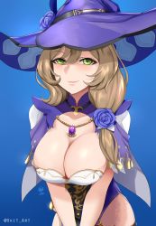 Rule 34 | 1girl, absurdres, artist name, blue background, breasts, cleavage, gem, genshin impact, green eyes, half-closed eyes, hat, highres, large breasts, leaning forward, light brown hair, lisa (genshin impact), looking at viewer, side ponytail, simple background, smile, solo, upper body, witch, witch hat, xkit