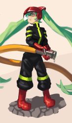Rule 34 | 1girl, absurdres, black jumpsuit, boots, fire helmet, firefighter, full body, gloves, green eyes, green hair, hatsune miku, helmet, highres, holding, holding hose, hose, jumpsuit, long hair, neon trim, piku184, red footwear, red gloves, red headwear, solo, twintails, very long hair, vocaloid