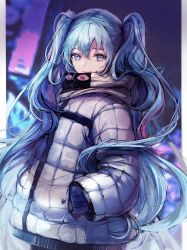 Rule 34 | 1girl, absurdres, aqua eyes, aqua hair, blue eyes, blue hair, blurry, blurry background, coat, cowboy shot, eye print, floating hair, from side, hair between eyes, hand in pocket, hatsune miku, highres, hood, hood down, hooded coat, long hair, long sleeves, outside border, pillarboxed, pipi, smile, solo, twintails, very long hair, vocaloid, winter clothes, yuurei tokyo (vocaloid)