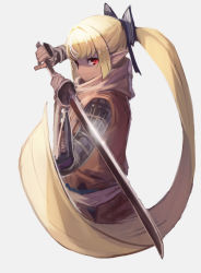 Rule 34 | 1girl, absurdres, ahoge, alternate costume, arm guards, blonde hair, bow, closed mouth, commentary, cosplay, cowboy shot, dark-skinned female, dark skin, glint, grey background, hair bow, highres, holding, holding sword, holding weapon, hololive, katana, long hair, looking at viewer, mechanical arms, multicolored hair, orange robe, pointy ears, ponytail, pyytato, red eyes, robe, scarf, sekiro, sekiro: shadows die twice, sekiro (cosplay), shiranui flare, simple background, single mechanical arm, solo, streaked hair, sword, two-tone hair, virtual youtuber, weapon, white hair