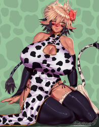 Rule 34 | 1girl, animal ears, animal print, bare shoulders, black hair, black panties, black thighhighs, blonde hair, blush, breasts, cathyl, chinese clothes, cleavage cutout, closed mouth, clothing cutout, collarbone, cow print, cow tail, detached sleeves, dress, green background, highres, horns, huge breasts, lips, looking at viewer, monster girl, monster musume no iru nichijou, multicolored hair, one eye closed, panties, pashapencil, shiny clothes, side-tie panties, sitting, solo, tail, thighhighs, two-tone hair, underwear, wink, yellow eyes