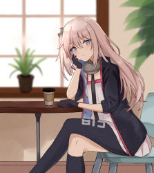 Rule 34 | 1girl, black gloves, black jacket, black legwear, blue eyes, chair, coffee cup, cup, disposable cup, dress, girls&#039; frontline, gloves, grey scarf, highres, jacket, long hair, multico, one side up, pink hair, scarf, sitting, solo, st ar-15 (girls&#039; frontline), star (symbol), table, white dress