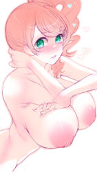 Rule 34 | 1girl, absurdres, blush, breast suppress, breasts, collarbone, completely nude, creatures (company), drill hair, from side, full-face blush, game freak, green eyes, hand on own neck, heart, highres, huge breasts, lips, long hair, looking at viewer, nail polish, nintendo, nipples, nude, orange hair, parted lips, pink nails, pokemon, pokemon swsh, side drill, sideboob, sidelocks, simple background, solo, sonia (pokemon), sumisumii, swept bangs, upper body, white background