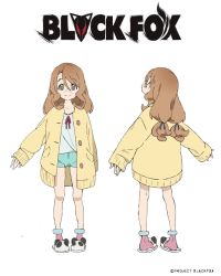 Rule 34 | 1girl, animal slippers, black fox, brown eyes, brown hair, cardigan, copyright name, glasses, long sleeves, melissa (black fox), official art, shorts, sleeves past wrists, slippers, solo, twintails, yellow cardigan