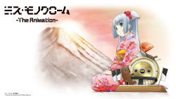 Rule 34 | 10s, 1girl, alternate costume, blue eyes, character name, copyright name, copyright notice, floral print, flower, from side, furisode, grey hair, highres, horse, japanese clothes, kimono, long hair, looking afar, miss monochrome, miss monochrome (character), mount fuji, mountain, new year, obi, official art, official wallpaper, peony (flower), red sky, robotic vacuum cleaner, ruu-chan, sash, seiza, sitting, sky, solo, sunrise, twintails, wallpaper
