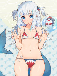 Rule 34 | 1girl, bare shoulders, bikini, bloop (gawr gura), blue eyes, blue nails, bubble, collarbone, commentary request, cowboy shot, english text, fingernails, fins, fish tail, flat chest, gawr gura, gluteal fold, heart, highres, hololive, hololive english, long fingernails, long hair, looking at viewer, multicolored bikini, multicolored clothes, nail polish, navel, open mouth, paid reward available, patterned background, shark tail, silver hair, solo, stomach, swimsuit, tail, two side up, virtual youtuber, waterring