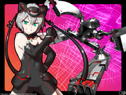 Rule 34 | 1girl, :d, black bodysuit, black border, black gloves, bodysuit, border, cable, clenched hand, covered navel, elbow gloves, gagraphic, gloves, green eyes, grin, hair between eyes, hat, machinery, mecha musume, open mouth, shirayuki shoushirou, short hair, silver hair, skin tight, smile, solo