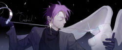 Rule 34 | 1boy, black background, black gloves, black jacket, black sweater, chinese commentary, closed eyes, closed mouth, collared jacket, commentary request, earrings, english text, facing to the side, glint, gloves, gradient background, hands up, highres, holding, jacket, jewelry, male focus, purple hair, rapier, saibou shinkyoku, short hair, smile, solo, statue, sweater, sword, theodore riddle, turtleneck, turtleneck sweater, upper body, weapon, yulei yuuuuu