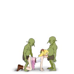 Rule 34 | 1girl, 2boys, all fours, animated, animated gif, blonde hair, blush, boots, breasts, censored, clothes lift, eruna to fushigi na doukutsu, closed eyes, fellatio, goblin, hand on head, monster, multiple boys, oral, penis, sex, skirt, skirt lift, small breasts, spitroast, twintails, vaginal