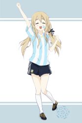 Rule 34 | 10s, 1girl, 2010, 2010 fifa world cup, ^ ^, alternate hairstyle, argentina, arm up, black shorts, blonde hair, blush, cleats, clenched hand, clenched hands, closed eyes, emblem, facepaint, food, full body, hair between eyes, highres, k-on!, kneehighs, knees together feet apart, kotobuki tsumugi, long hair, low twintails, md5 mismatch, open mouth, outstretched arm, raised fist, resolution mismatch, rokujou jun, shirt, short sleeves, shorts, soccer uniform, socks, solo, source larger, sportswear, striped clothes, striped shirt, takuan, thick eyebrows, twintails, vertical-striped clothes, vertical-striped shirt, white socks, world cup