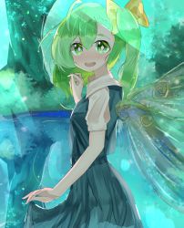 Rule 34 | 1girl, :d, aliz wp514lov, blush, bow, cowboy shot, daiyousei, dress, fairy wings, from side, green dress, green eyes, green hair, hair bow, heart, highres, light rays, long hair, looking at viewer, open mouth, outdoors, puffy sleeves, short sleeves, smile, solo, symbol-shaped pupils, touhou, wings