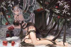 Rule 34 | 1girl, aliasing, apple, arknights, bare arms, bare legs, bare shoulders, barefoot, bikini, black bikini, black choker, breasts, choker, cleavage, commentary, flower, food, fruit, hair between eyes, hair flower, hair ornament, horns, large breasts, long hair, looking at viewer, material growth, mudrock (arknights), mudrock (silent night) (arknights), navel, official alternate costume, oripathy lesion (arknights), parted lips, pointy ears, qinyi chinyi, red eyes, ripples, silver hair, solo, stomach, swimsuit, thighs, very long hair, water, white flower