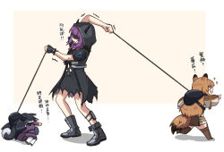 Rule 34 | 3girls, animal ears, arknights, black dress, black hair, blush, boots, brown coat, brown footwear, brown hair, ceobe (arknights), chibi, chinese commentary, chinese text, clothing cutout, coat, dog ears, dog girl, dog tail, pet walking, dress, eye mask, fang, grey footwear, highres, hood, hood up, horns through hood, lava (arknights), lava the purgatory (arknights), leash, leash pull, long hair, lying, mabing, multiple girls, official alternate costume, on side, open mouth, pants, photo-referenced, pointing, purple hair, purple pants, red eyes, running, saga (arknights), shadow, shiba inu, sparkle, sweatdrop, tail, thigh boots, thighhighs, white legwear