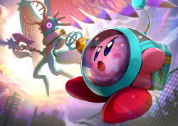 Rule 34 | antlers, battle, blush stickers, chain-link fence, colored skin, copy ability, energy gun, fecto elfilis, fence, gonzarez, gun, helmet, highres, holding, holding gun, holding staff, holding weapon, horns, kirby, kirby (series), kirby and the forgotten land, multicolored eyes, nintendo, open mouth, pink skin, ranger kirby, ray gun, solid oval eyes, staff, star (symbol), v-shaped eyebrows, weapon, wing ears