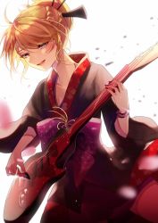 Rule 34 | 1girl, aryuma772, asa no ha (pattern), black kimono, blonde hair, blue eyes, blurry, blurry background, blurry foreground, bracelet, braid, commentary, electric guitar, floral print, guitar, hair ornament, hair stick, half-closed eyes, highres, holding, holding plectrum, instrument, japanese clothes, jewelry, kagamine rin, kimono, lips, music, nail polish, open mouth, petals, playing instrument, plectrum, red nails, sakura moon (module), short hair, smile, solo, sparkle, tengaku (vocaloid), upper body, vocaloid, white background