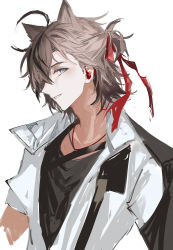 Rule 34 | 1boy, ahoge, animal ears, aqua eyes, arknights, black shirt, cat boy, cat ears, collared shirt, earphones, hair between eyes, hair ribbon, jewelry, male focus, necklace, parted lips, red ribbon, ribbon, shirt, simple background, solo, stainless (arknights), ueauwa, upper body, white background, white shirt