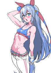 Rule 34 | 1girl, arm up, bare shoulders, belt, blue eyes, blue sports bra, blush, breasts, commentary request, cowboy shot, ear covers, ear ornament, fingerless gloves, gloves, grey hair, hair between eyes, hairband, headband, highres, long hair, midriff, navel, no jacket, open mouth, pants, red belt, simple background, small breasts, solo, sports bra, sweat, tamamo cross (umamusume), umamusume, v-shaped eyebrows, white background, white gloves, white pants, yaki apple