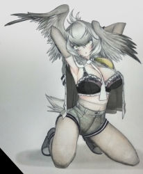 Rule 34 | 10s, 1girl, :o, absurdres, armpits, arms up, ballpoint pen (medium), between breasts, bird girl, bird tail, bird wings, black bra, blonde hair, bra, breasts, colored pencil (medium), elbow gloves, feathered wings, frilled bra, frills, full body, gloves, grey eyes, grey hair, grey pantyhose, grey shirt, grey shorts, grey wings, hair ornament, hairclip, head tilt, head wings, highres, kemono friends, kneeling, large breasts, looking back, low ponytail, medium hair, multicolored hair, necktie, necktie between breasts, open clothes, open shirt, pantyhose, pantyhose under shorts, parted lips, saltnvalk, shirt, shoebill (kemono friends), shorts, side ponytail, solo, stomach, tail, traditional media, underwear, white necktie, wings
