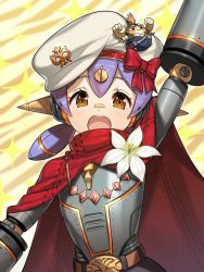 Rule 34 | 1girl, :d, android, arm up, bandaid, bandaid on face, bandaid on nose, belt, blush, brown eyes, cape, closed eyes, flower, green322, hat ornament, joints, lily (flower), long hair, looking at viewer, looking back, low twintails, open mouth, poppi (xenoblade), poppi alpha (xenoblade), purple hair, red cape, robot joints, smile, solo, sparkle, striped, striped background, tora (xenoblade 2), twintails, upper body, white flower, white headwear, xenoblade chronicles (series), xenoblade chronicles 2