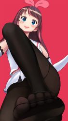 Rule 34 | 1girl, blue eyes, blush, brown hair, feet, female focus, foot focus, from below, highres, kizuna ai, leg up, long hair, looking at viewer, multicolored hair, no shoes, open mouth, pantyhose, pov, soles, solo, streaked hair, third-party edit, toe scrunch, toes