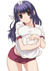 Rule 34 | 1girl, ball, breast rest, breasts, brown eyes, buruma, carried breast rest, carrying, character request, cowboy shot, gym uniform, hirose (mokiki), long hair, medium breasts, original, purple hair, simple background, smile, solo, source request, volleyball, volleyball (object), white background
