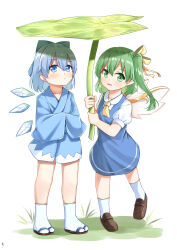 Rule 34 | 2girls, absurdres, blue bow, blue dress, blue hair, blue kimono, blush, bow, cirno, daiyousei, dress, fairy wings, green eyes, green hair, hair bow, hair ribbon, highres, holding, ice, ice wings, japanese clothes, jiangshibu!@#$, kimono, leaf, leaf umbrella, multiple girls, open mouth, pointy ears, puffy short sleeves, puffy sleeves, ribbon, short hair, short sleeves, side ponytail, socks, touhou, white socks, wings, yellow bow