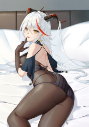 Rule 34 | 1girl, absurdly long hair, absurdres, aegir (azur lane), ass, azur lane, backless outfit, bare shoulders, bareback, black gloves, black skirt, bodystocking, breast curtains, breasts, cross, cross earrings, demon horns, earrings, finger to mouth, gloves, hair between eyes, hair on horn, heiyu, highres, horns, iron cross, jewelry, large breasts, long hair, looking at viewer, looking back, lying, microskirt, multicolored hair, on bed, on side, red hair, skin tight, skirt, solo, streaked hair, underbust, very long hair, white hair, yellow eyes