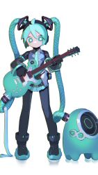 Rule 34 | 1girl, absurdres, ahoge, amplifier, android, aqua eyes, aqua hair, aqua necktie, black leggings, black skirt, boots, bright pupils, cable, cheri zao, chromatic aberration, collared shirt, commentary, detached sleeves, electric guitar, full body, guitar, hatsune miku, hatsune miku (vocaloid3), headphones, highres, holding, holding instrument, instrument, leggings, mechanical parts, necktie, number tattoo, pleated skirt, robot girl, see-through, see-through sleeves, shirt, simple background, skirt, solo, standing, tattoo, twintails, vocaloid, white background, white pupils