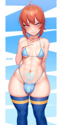 Rule 34 | 1girl, ahoge, arm behind back, bare shoulders, bikini, blue bikini, blue thighhighs, breasts, bulge, closed mouth, feet out of frame, fingernails, futanari, highres, long fingernails, looking at viewer, navel, novenine, orange hair, original, pubic tattoo, short hair, small breasts, smile, solo, standing, stomach, striped bikini, striped clothes, swimsuit, tattoo, thighhighs, two-tone bikini, white bikini, yellow eyes