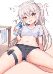 Rule 34 | 1girl, arm support, blush, bottle, buruma, commentary request, crop top, grey buruma, hair ornament, hand up, holding, holding bottle, long hair, looking at viewer, mannack, navel, open mouth, original, rabbit-shaped pupils, rabbit hair ornament, red eyes, shirt, silver hair, sitting, solo, stomach, sweat, symbol-shaped pupils, table, tears, thigh strap, very long hair, water bottle, wet, wet clothes, wet shirt, white shirt