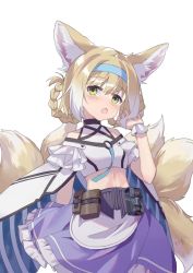 Rule 34 | 1girl, adapted costume, animal ear fluff, animal ears, apron, arknights, bare shoulders, blonde hair, blush, braid, braided hair rings, breasts, commentary request, crop top, fang, fox ears, fox girl, fox tail, frilled skirt, frills, hair rings, hand up, highres, kitsune, looking at viewer, midriff, multicolored hair, navel, open mouth, purple skirt, shirt, simple background, skirt, small breasts, solo, suzuran (arknights), tail, twin braids, two-tone hair, waist apron, white apron, white background, white hair, white shirt, xinjinjumin5139487
