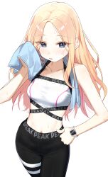 1girl absurdres black_leggings blonde_hair blue_eyes breasts collarbone gakuen_idolmaster highres holding holding_towel idolmaster juo_sena leggings long_hair looking_at_viewer multicolored_hair pink_hair simple_background small_breasts smartwatch solo sports_bra straight_hair streaked_hair sweat syhan towel two-tone_hair very_long_hair watch white_background white_sports_bra wristwatch