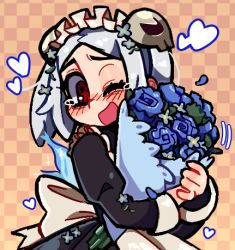 Rule 34 | 1girl, bloody marie (skullgirls), blush, bouquet, checkered background, flower, grey hair, heart, lowres, maid headdress, mercysstrap, one eye closed, open mouth, red eyes, skullgirls, smile, solo, tearing up, twintails