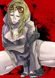Rule 34 | 1girl, blonde hair, breasts, cleavage, coat, gloves, goggles, grasshopper manufacture, green eyes, high heels, long hair, middle finger, no more heroes, shoes, solo, squatting, sylvia christel, tongue, zunta