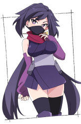 Rule 34 | 1girl, ayame (gundam build divers), black hair, black mask, black thighhighs, breasts, detached sleeves, gundam, gundam build divers, ixy, large breasts, long hair, looking at viewer, low twintails, mask, mouth mask, ninja, purple eyes, purple sleeves, red scarf, scarf, solo, standing, thighhighs, thighs, twintails, very long hair, white background
