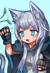 Rule 34 | 1girl, animal ear fluff, animal ears, arknights, black cape, black gloves, blue background, blue eyes, buchi0122, cape, cat ears, cat girl, cat tail, cat teaser, commentary, fingerless gloves, gloves, grey hair, grey shirt, infection monitor (arknights), long hair, open mouth, rosmontis (arknights), shirt, simple background, sparkle, tail, upper body, v-shaped eyebrows, wristband