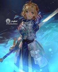Rule 34 | 1girl, ahoge, armor, armored dress, artoria pendragon (all), artoria pendragon (fate), blonde hair, blue ribbon, braid, breastplate, commentary, english commentary, excalibur (fate/stay night), fate/grand order, fate/stay night, fate (series), faulds, french braid, gauntlets, green eyes, hair bun, hair ribbon, holding, holding sword, holding weapon, jet kimchrea, reverse grip, ribbon, saber (fate), single hair bun, standing, sword, unfinished, weapon