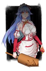 Rule 34 | apron, armpit crease, bandaid, bandaid on hand, bare shoulders, blood, blue hair, bow, breasts, covered erect nipples, covered navel, detached sleeves, fingernails, frills, gift, highres, holding, holding gift, large breasts, last origin, long hair, maid, maid apron, maid headdress, orange eyes, parted lips, pink lips, pinkboy, puffy sleeves, red bow, ribbon, shaded face, smile, striped, striped bow, tiamat (last origin), yandere, yellow neckwear, yellow ribbon