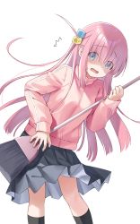 Rule 34 | 1girl, ^^^, black socks, blue eyes, bocchi the rock!, broom, clothes lift, commentary, cube hair ornament, feet out of frame, gotoh hitori, hair ornament, highres, holding, holding broom, jacket, kneehighs, long hair, na-ga, one side up, pink hair, pink jacket, pleated skirt, shaded face, simple background, skirt, skirt lift, socks, solo, sweatdrop, track jacket, wavy mouth, white background, wind, wind lift