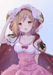 Rule 34 | 1girl, blonde hair, blue background, blush, breasts, brown eyes, cloak, collarbone, commentary request, djeeta (granblue fantasy), dress, gradient background, granblue fantasy, hairband, holding hoodie, hood, hooded cloak, looking at viewer, medium breasts, open mouth, pink dress, purin jiisan, short hair, short sleeves, simple background, solo, swept bangs, upper body, white background